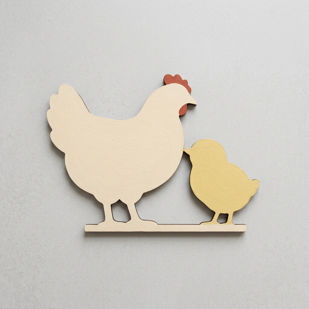 Simply painted mother hen and chick on a plain surface