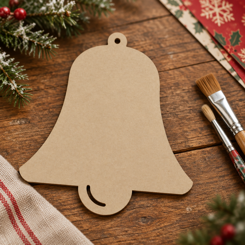Single MDF bell on a rustic Christmas craft table