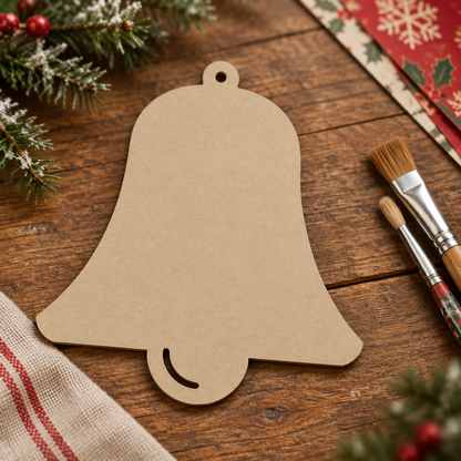 Single MDF bell on a rustic Christmas craft table