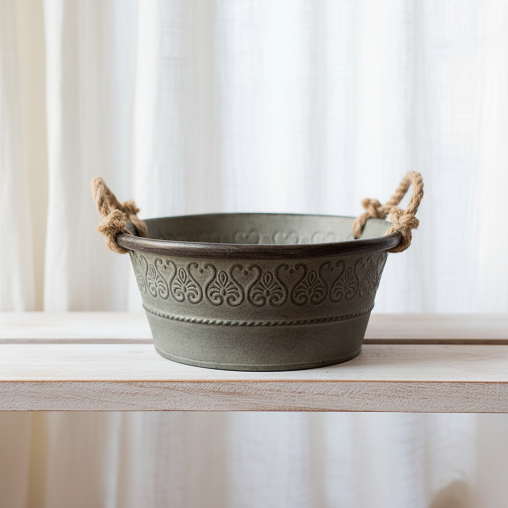 Single planter on farmhouse shelf — Vintage Galvanised Planter