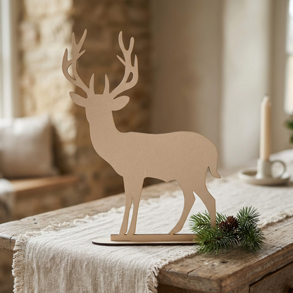 Single raw MDF stag in a rustic Christmas setting