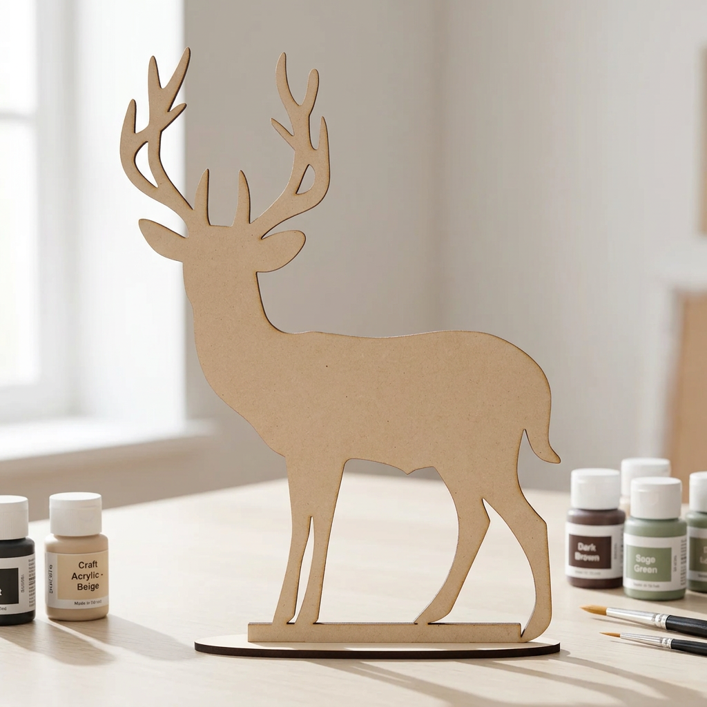 Single raw MDF stag on a craft table