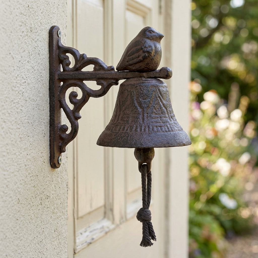 Sitting bird cast iron doorbell at a cream cottage entrance