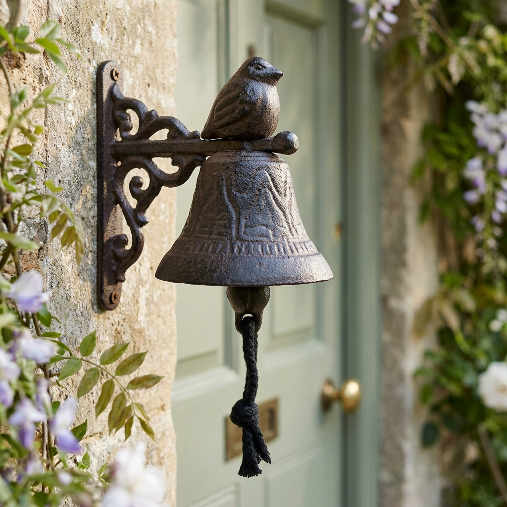 Sitting bird cast iron doorbell beside a sage garden-cottage door