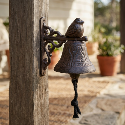 Sitting bird cast iron doorbell on a timber verandah post