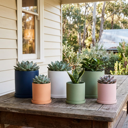 Six colourful ceramic planters styled on an Australian cottage verandah