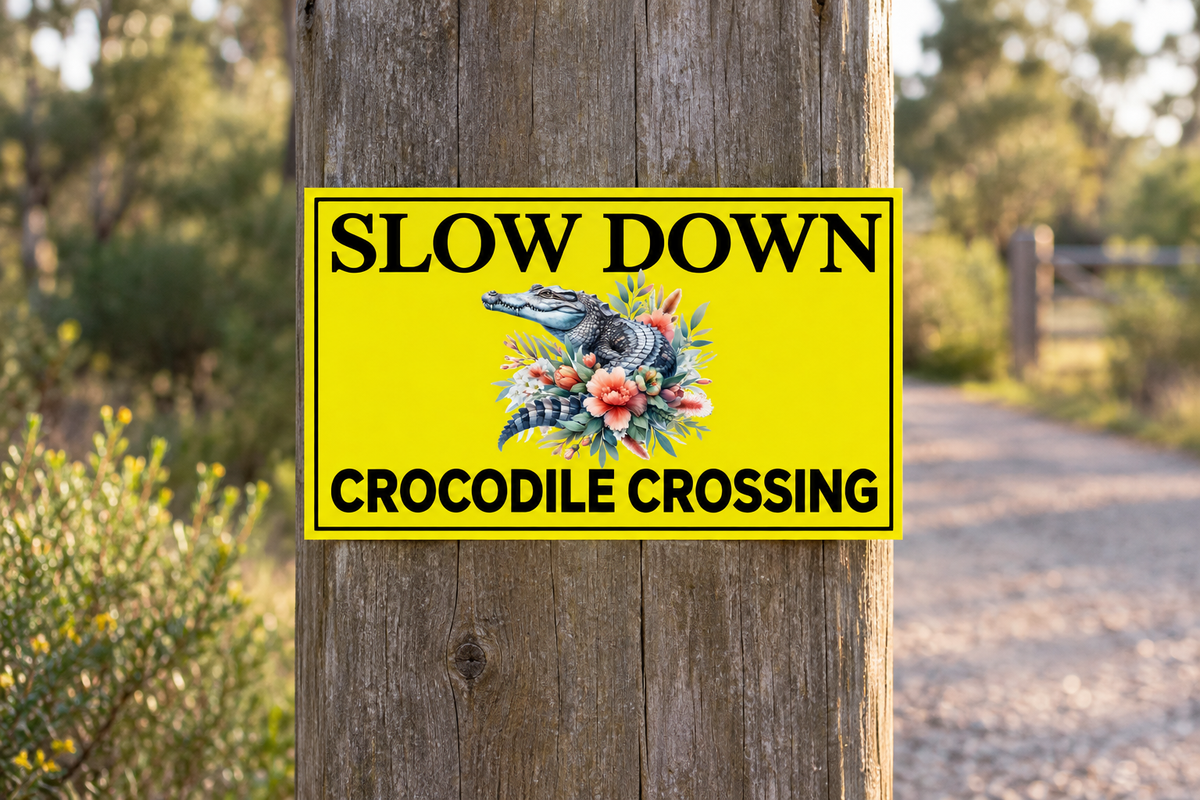 Slow Down Crocodile Crossing sign on a timber driveway post
