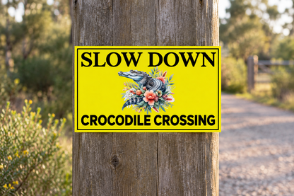 Slow Down Crocodile Crossing sign on a timber driveway post