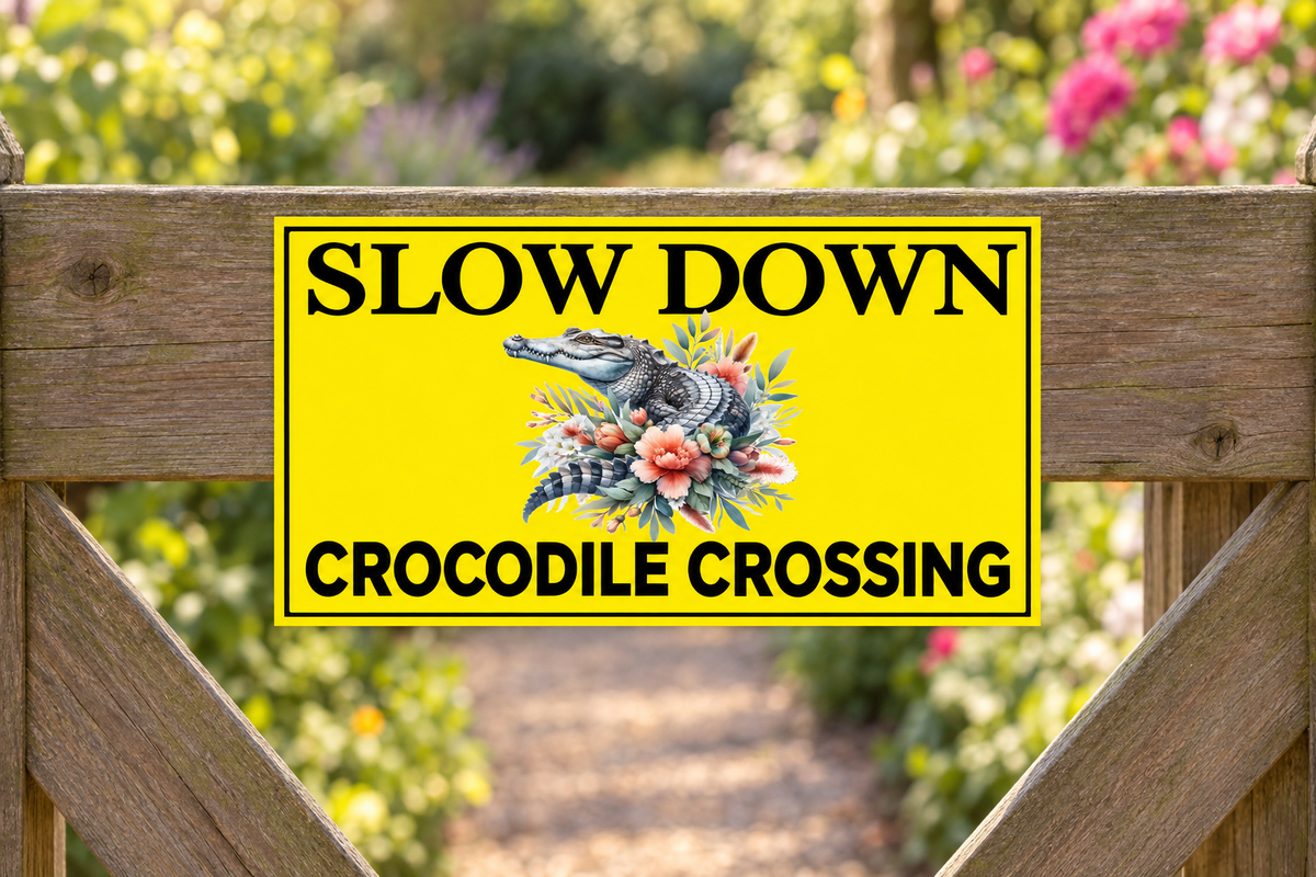 Slow Down Crocodile Crossing sign on a timber garden gate