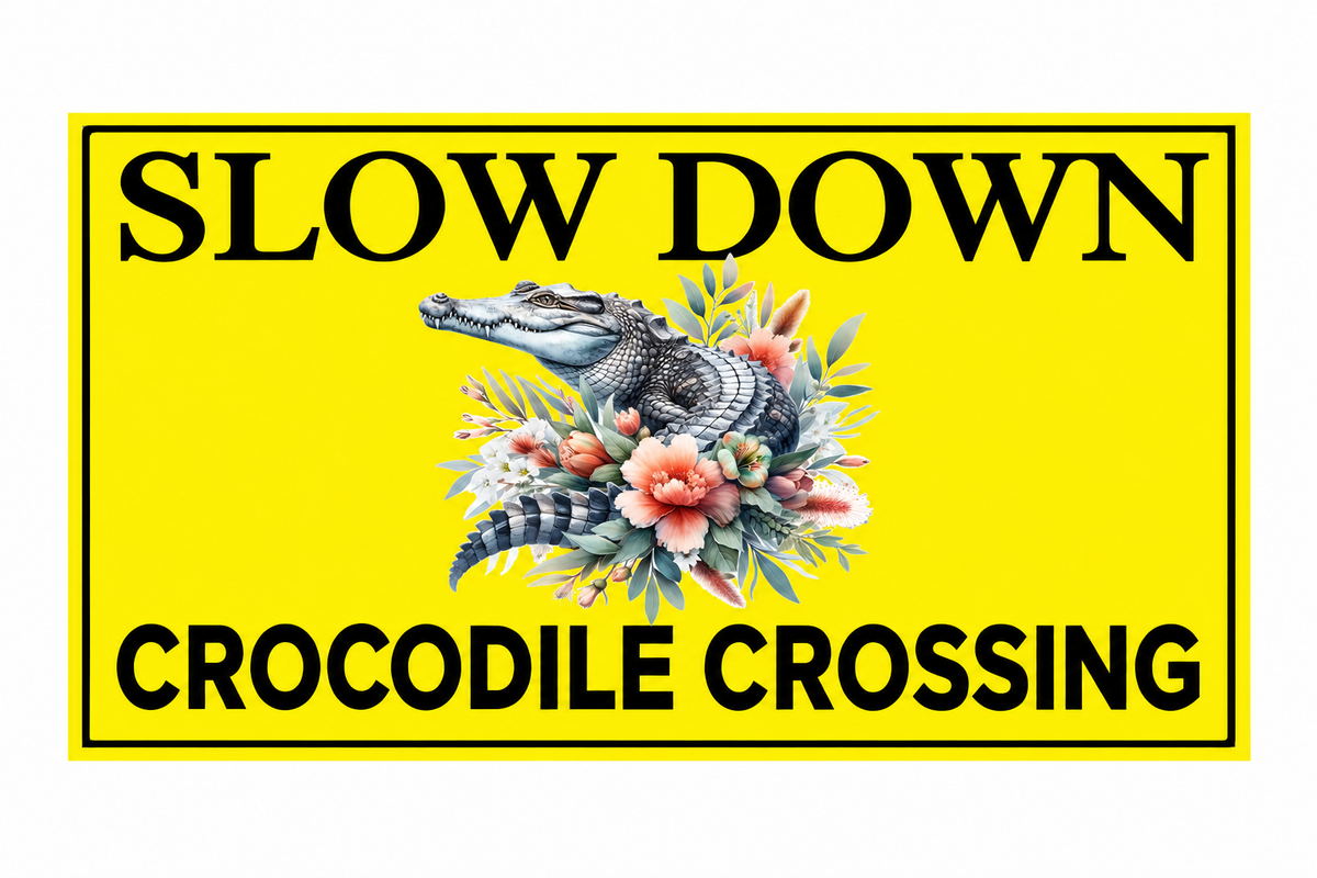 Slow Down Crocodile Crossing yellow sign with floral crocodile artwork on a white background