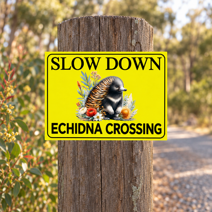 Slow Down Echidna Crossing sign on a driveway post, tight crop