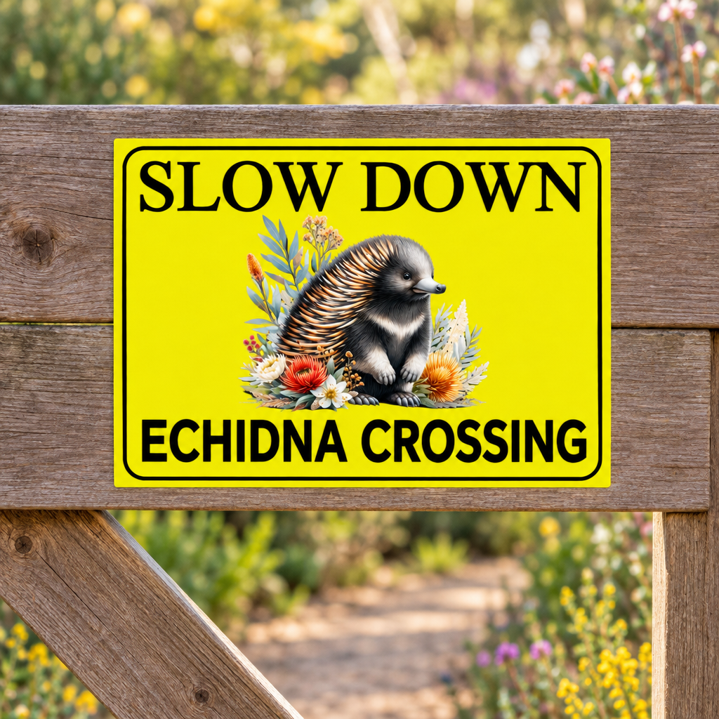 Slow Down Echidna Crossing sign on a timber garden gate, tight crop