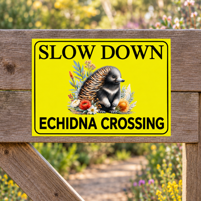Slow Down Echidna Crossing sign on a timber garden gate, tight crop