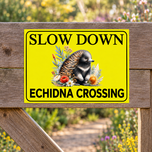 Slow Down Echidna Crossing sign on a timber garden gate, tight crop