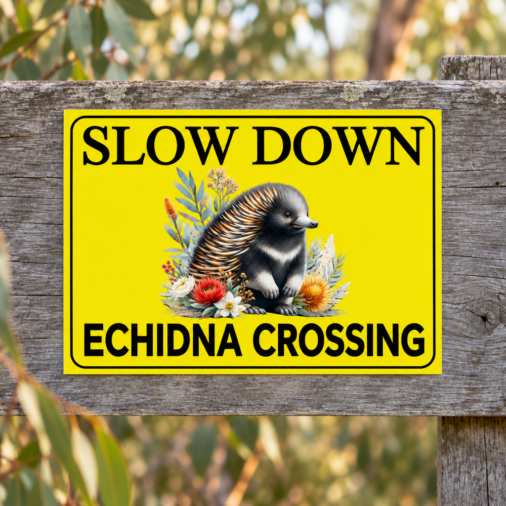 Slow Down Echidna Crossing sign on a weathered roadside fence, tight crop