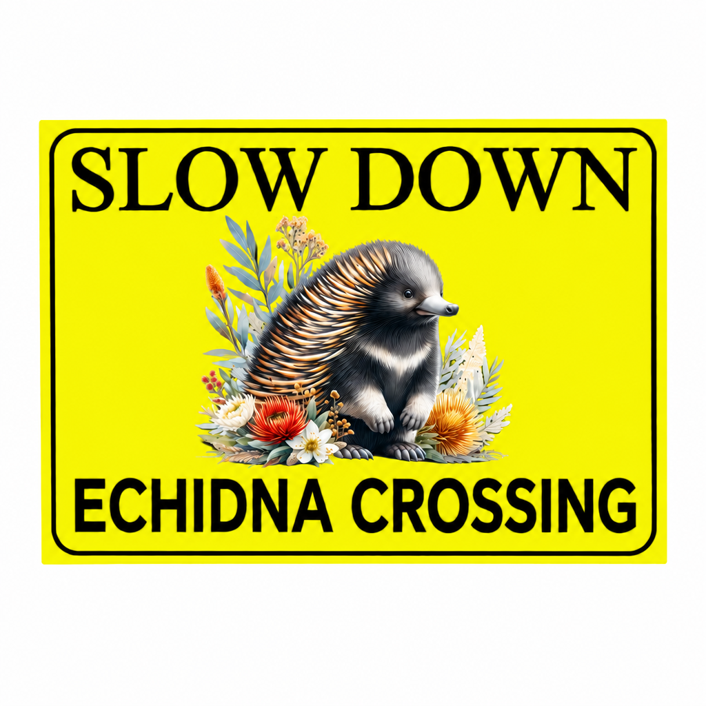 Slow Down Echidna Crossing yellow sign on a white background