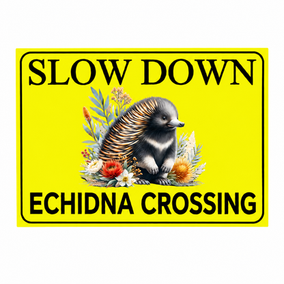 Slow Down Echidna Crossing yellow sign on a white background