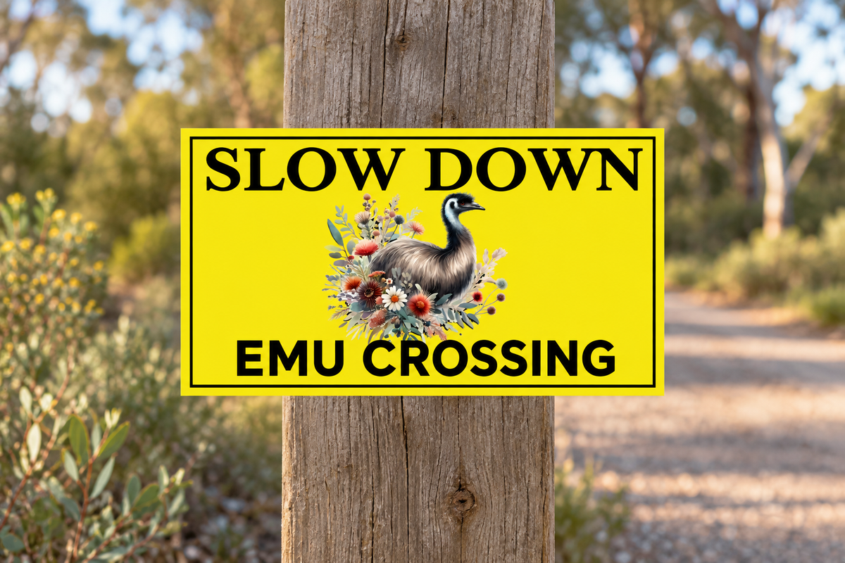 Slow Down Emu Crossing sign on a timber driveway post
