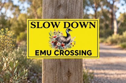 Slow Down Emu Crossing sign on a timber driveway post