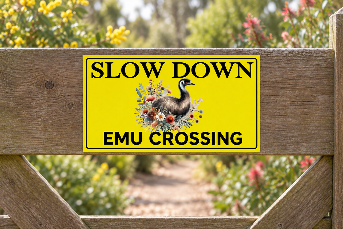 Slow Down Emu Crossing sign on a timber garden gate, redone with clean lettering