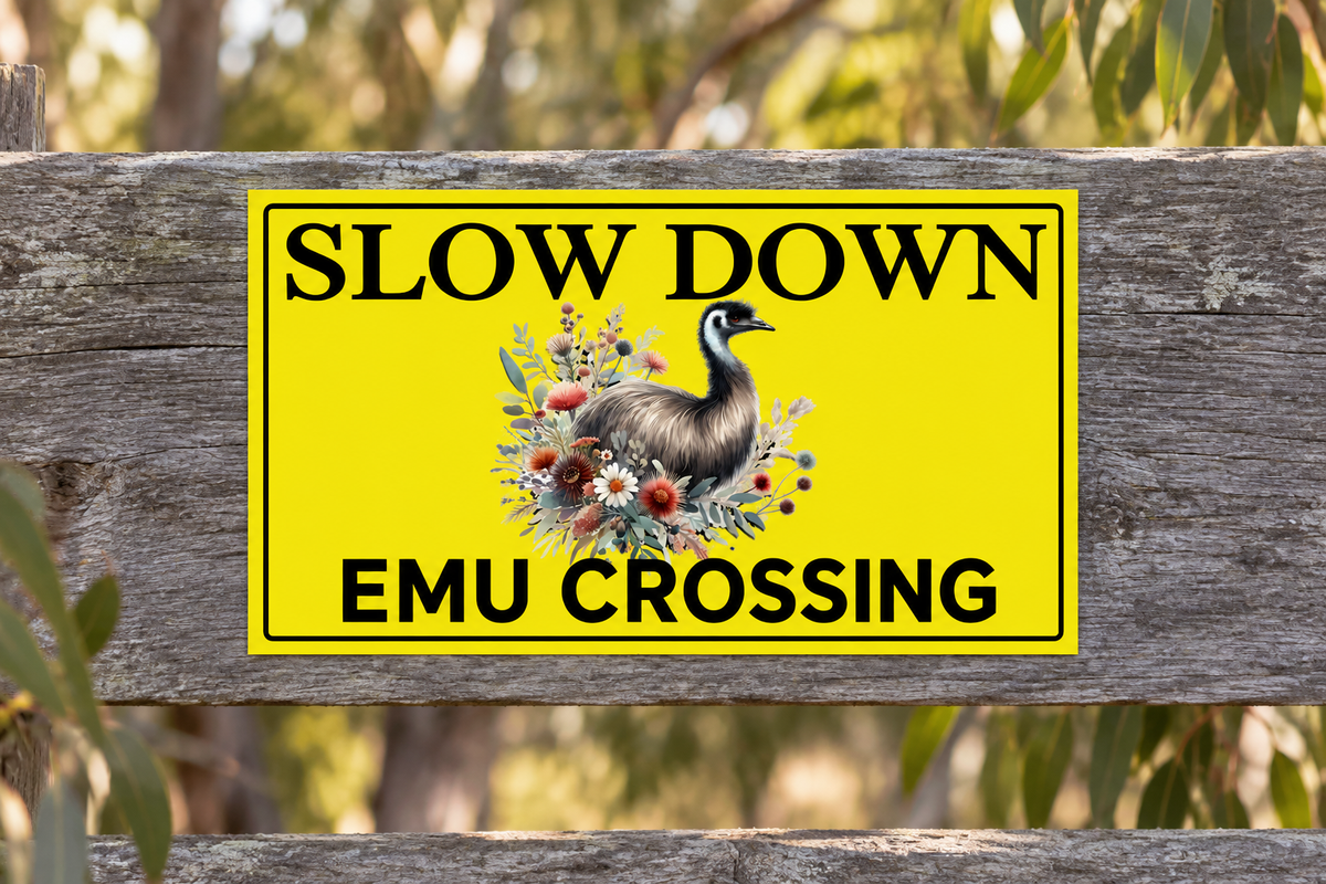Slow Down Emu Crossing sign on a weathered roadside timber fence