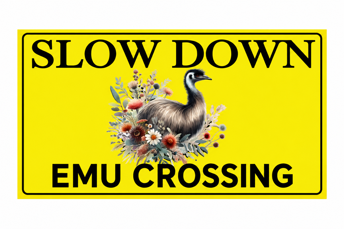 Slow Down Emu Crossing yellow sign with floral emu artwork on a white background