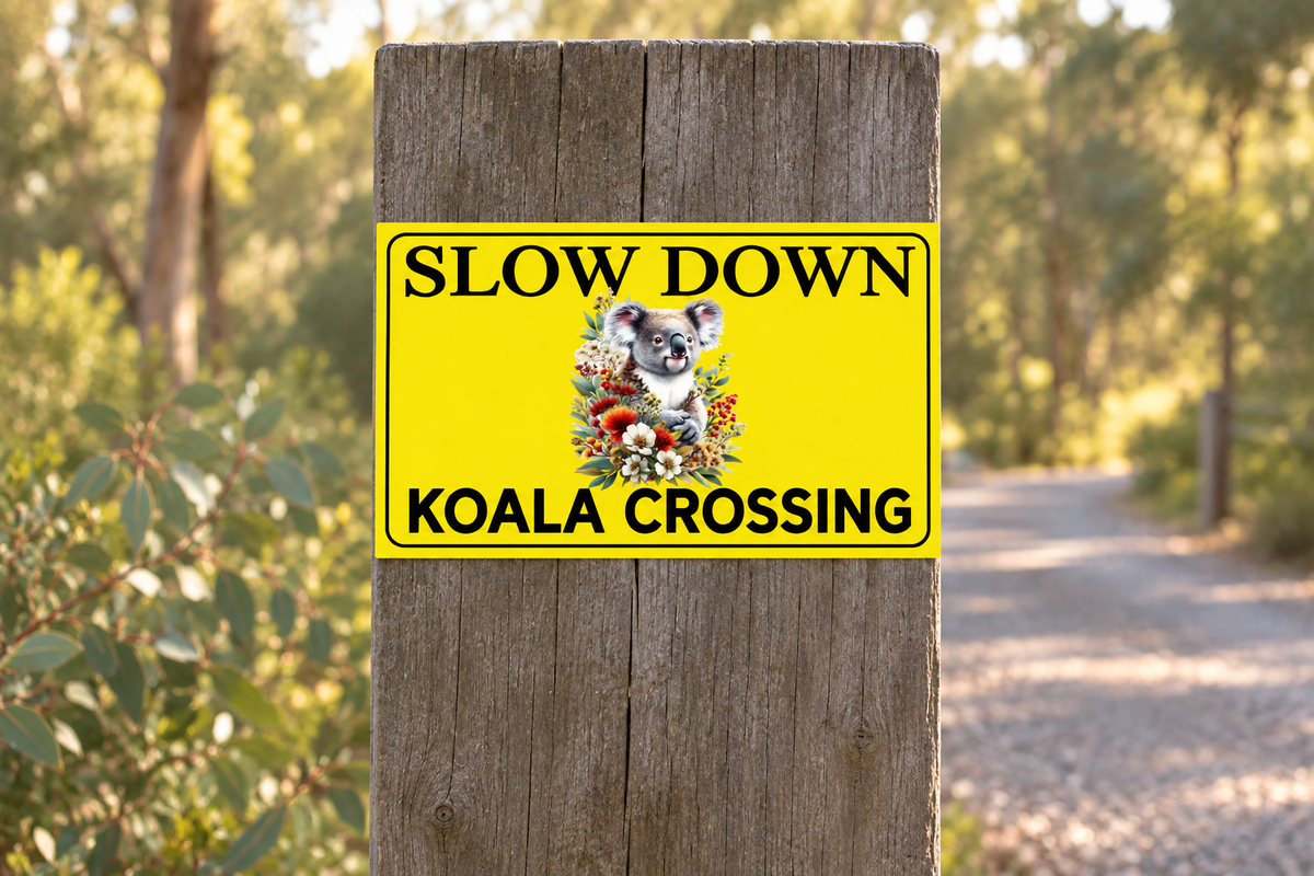 Slow Down Koala Crossing sign on a timber driveway post