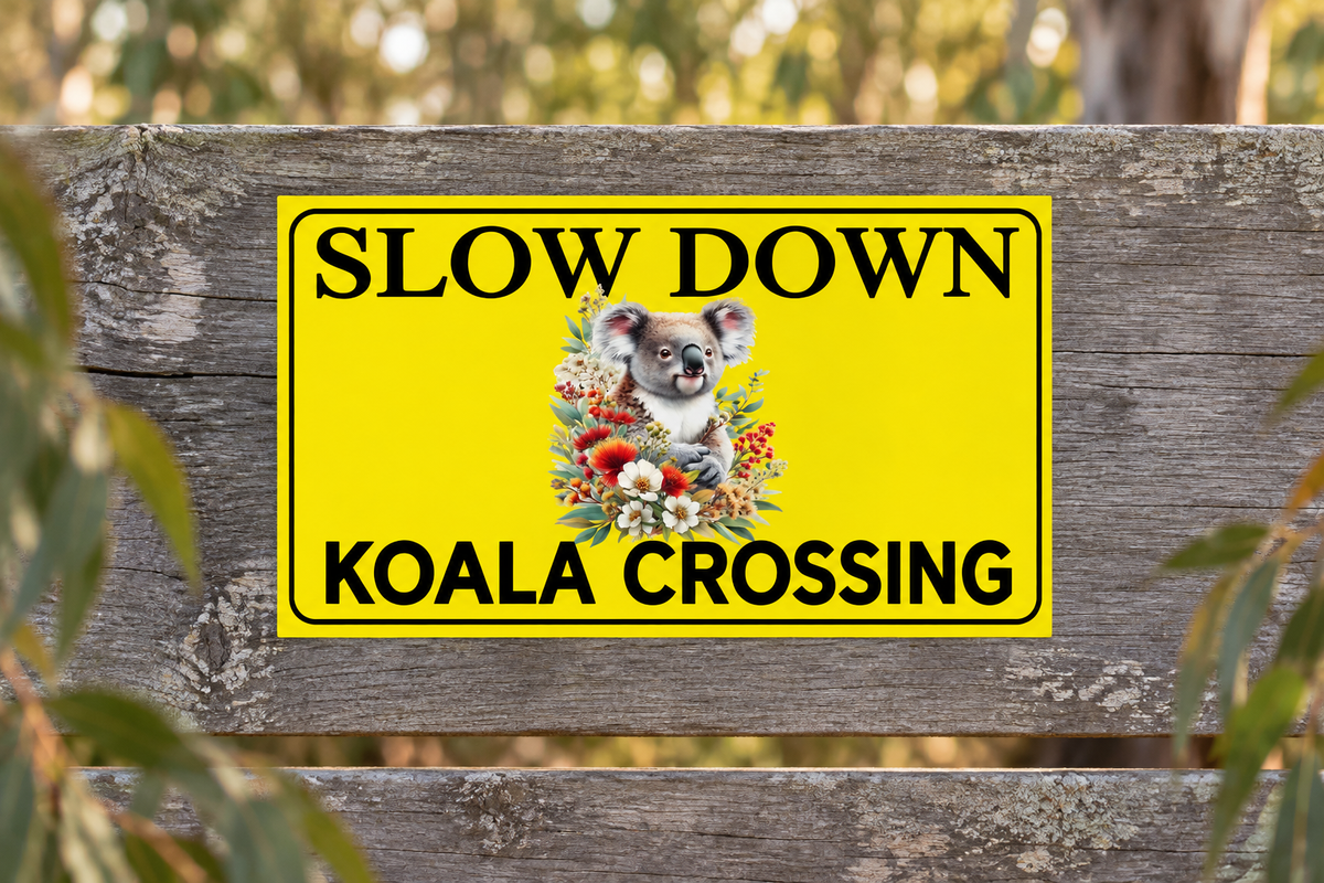 Slow Down Koala Crossing sign on a weathered roadside timber fence
