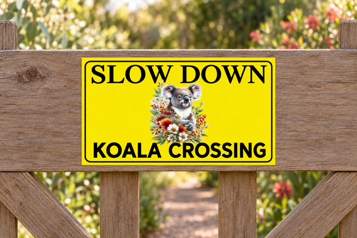 Slow Down Koala Crossing sign with square edges on a timber garden gate
