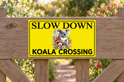 Slow Down Koala Crossing sign with square edges on a timber garden gate