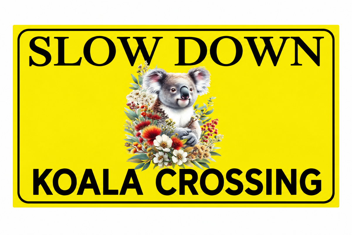 Slow Down Koala Crossing yellow sign with floral koala artwork