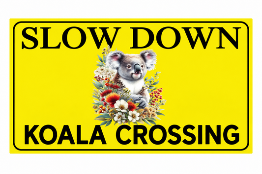 Slow Down Koala Crossing yellow sign with floral koala artwork