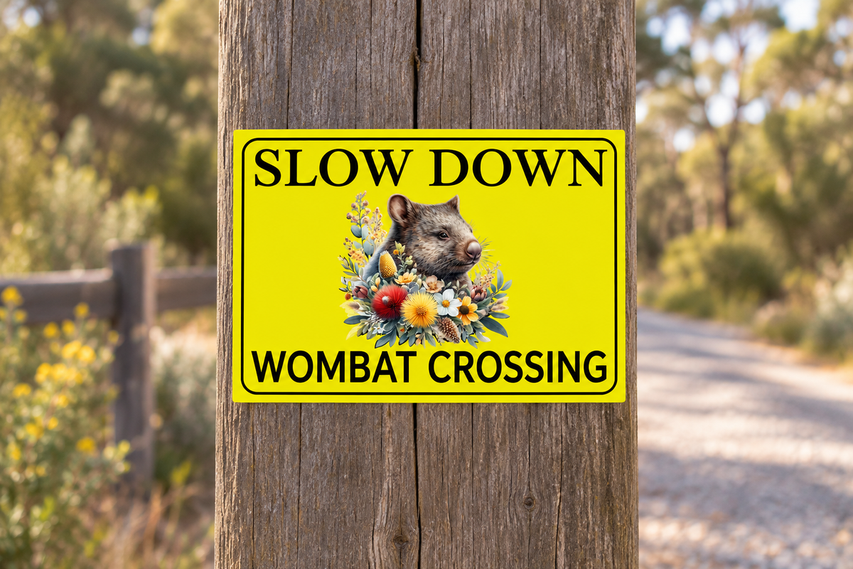 Slow Down Wombat Crossing sign at correct ratio on a timber driveway post