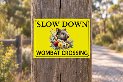 Slow Down Wombat Crossing sign at correct ratio on a timber driveway post