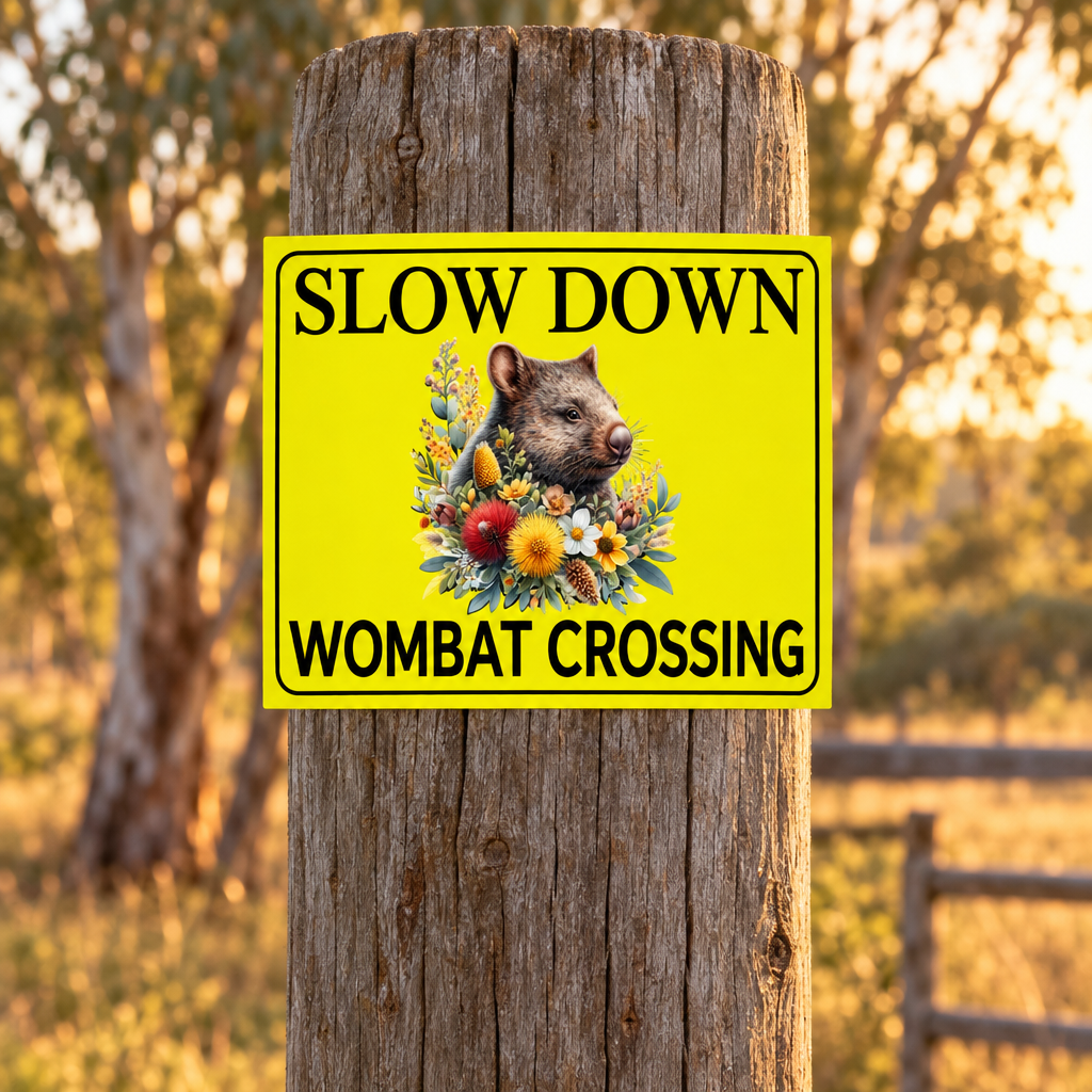 Slow Down Wombat Crossing sign on a round timber post at a country property entrance