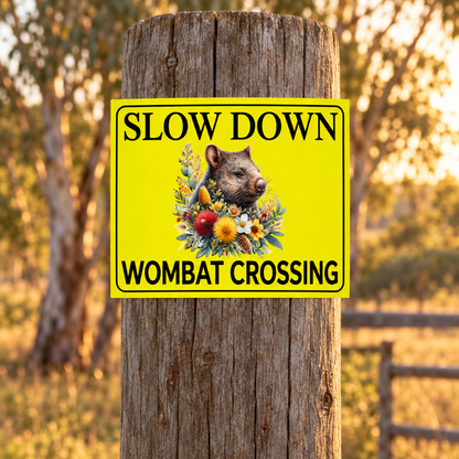 Slow Down Wombat Crossing sign on a round timber post at a country property entrance