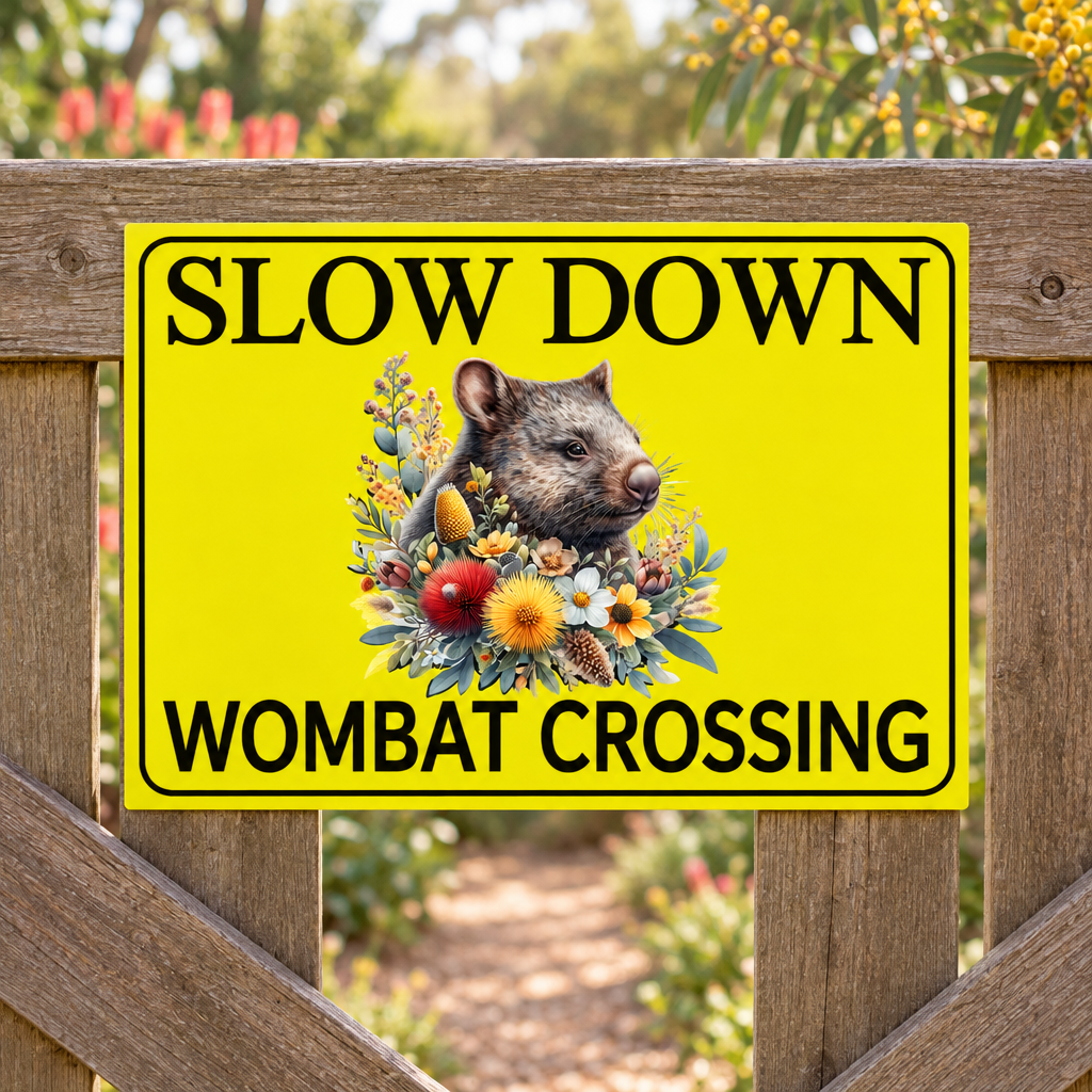Slow Down Wombat Crossing sign on a timber garden gate, tight crop
