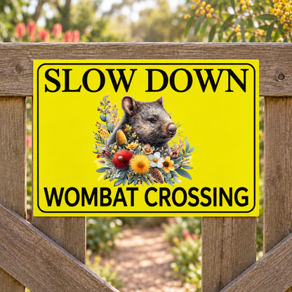 Slow Down Wombat Crossing sign on a timber garden gate, tight crop