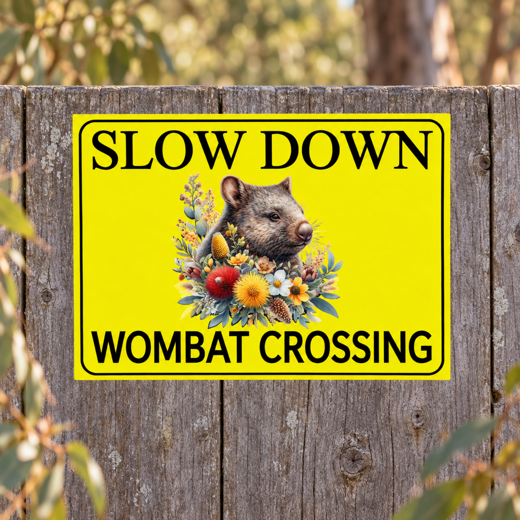 Slow Down Wombat Crossing sign on a weathered roadside fence, tight crop