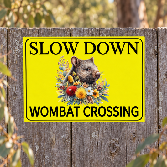 Slow Down Wombat Crossing sign on a weathered roadside fence, tight crop