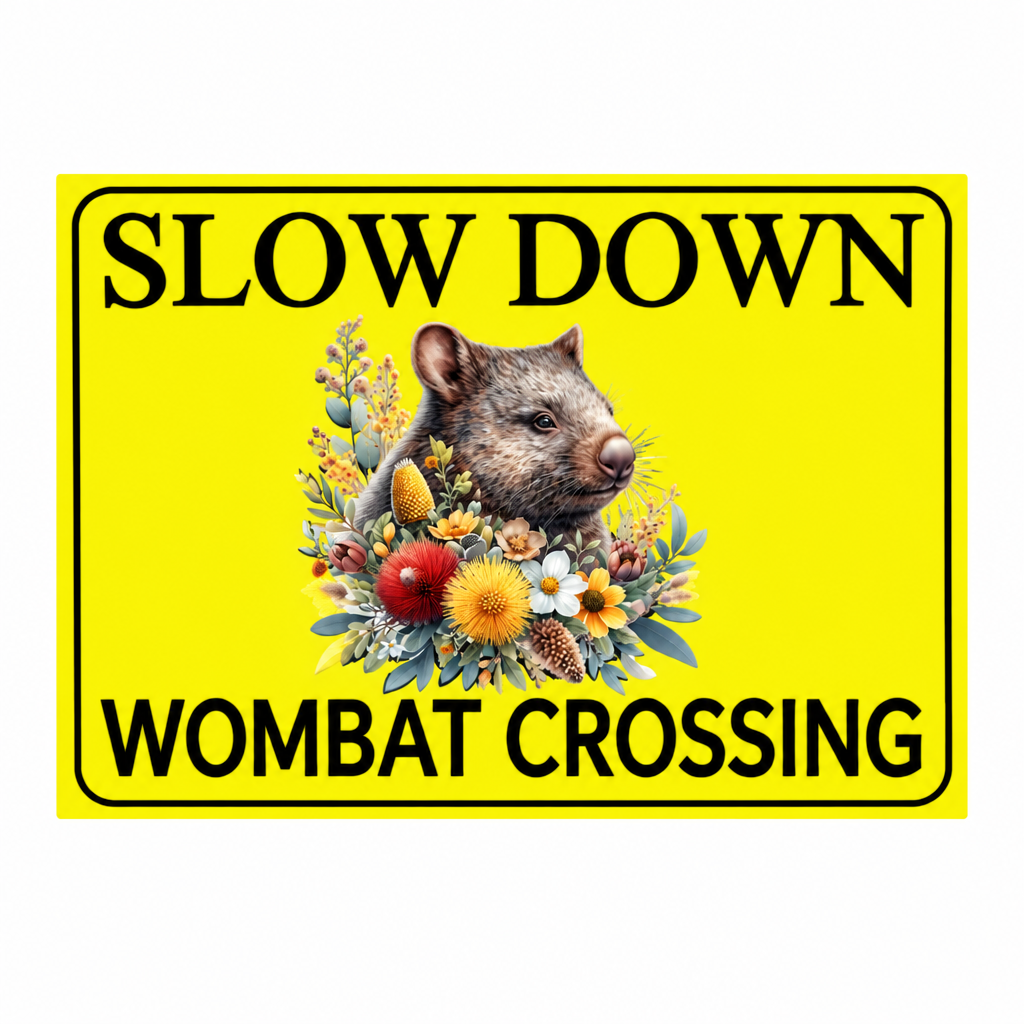 Slow Down Wombat Crossing yellow sign on a white background