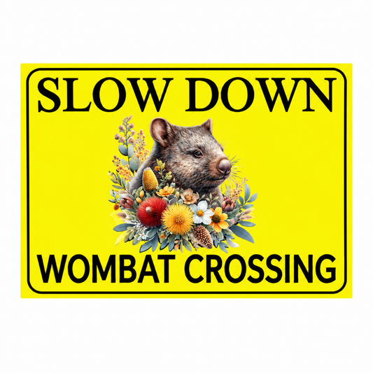 Slow Down Wombat Crossing yellow sign on a white background