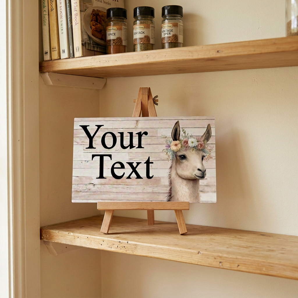 Small llama plaque on a farmhouse kitchen shelf