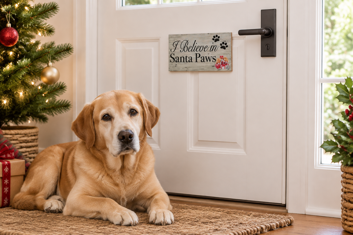 Small Santa Paws sign on a door with a dog nearby