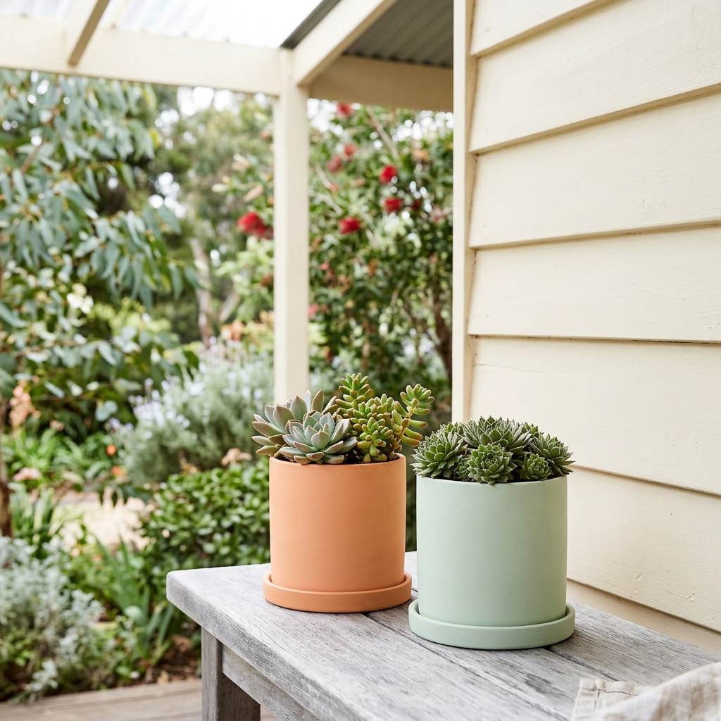 Smooth ceramic planters on an Australian cottage verandah
