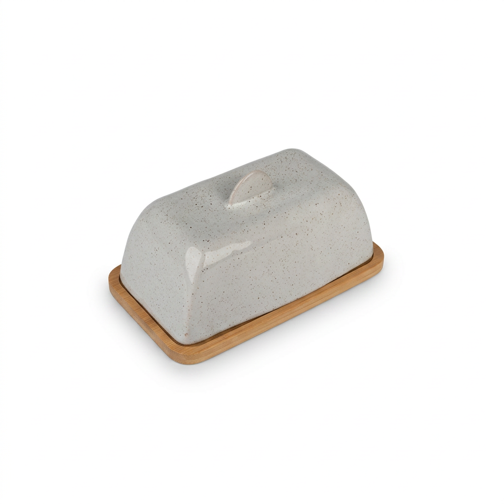 Speckled ceramic butter dish on white