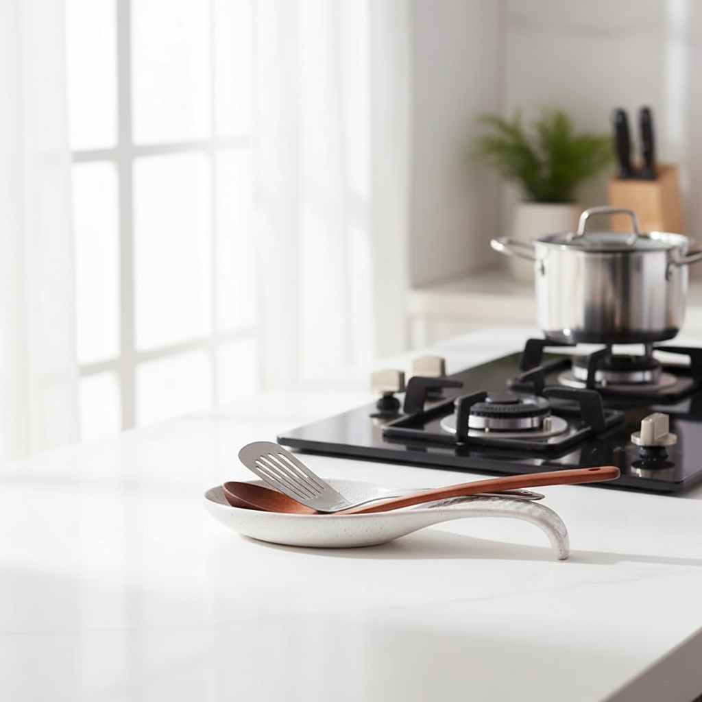 Spoon rest beside stove in use