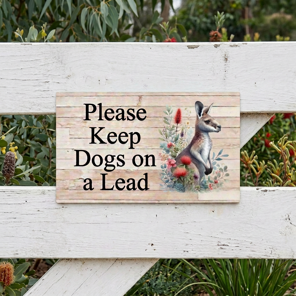 Square-corner kangaroo sign on a white gate