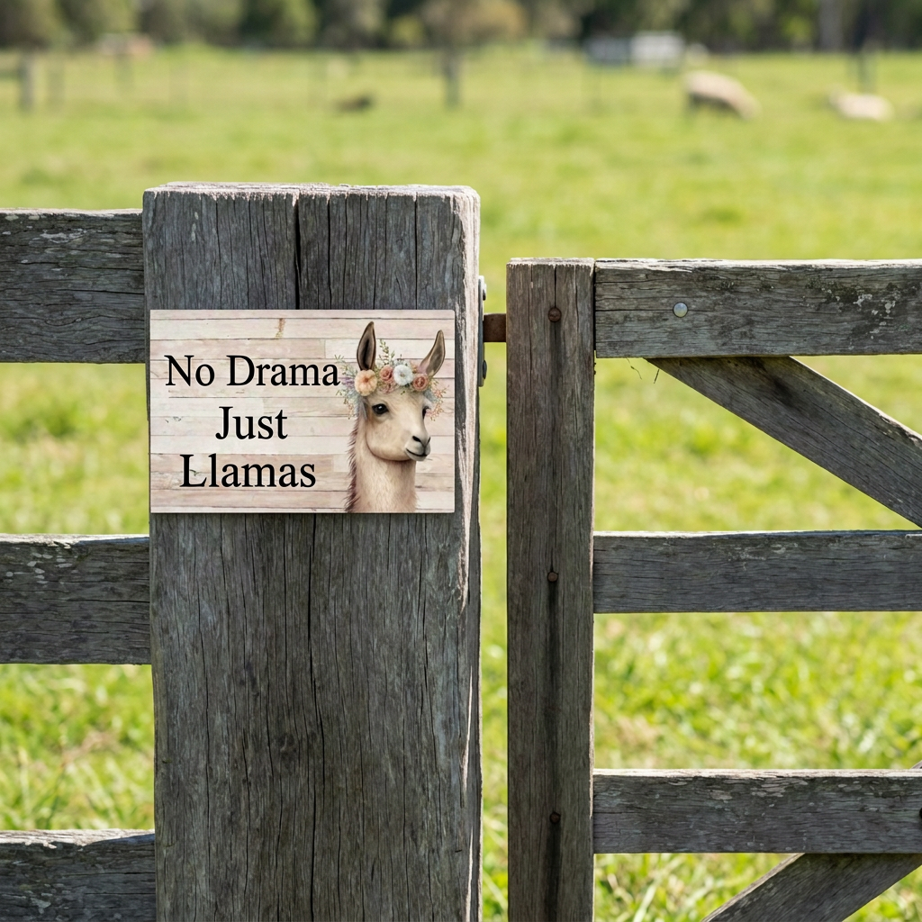 Square-corner No Drama Just Llamas sign