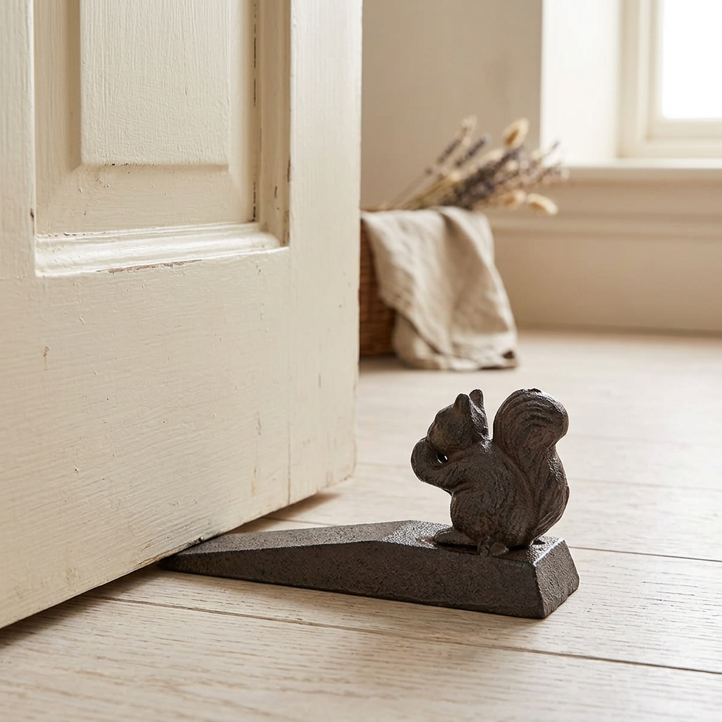 Squirrel doorstop in a cottage doorway